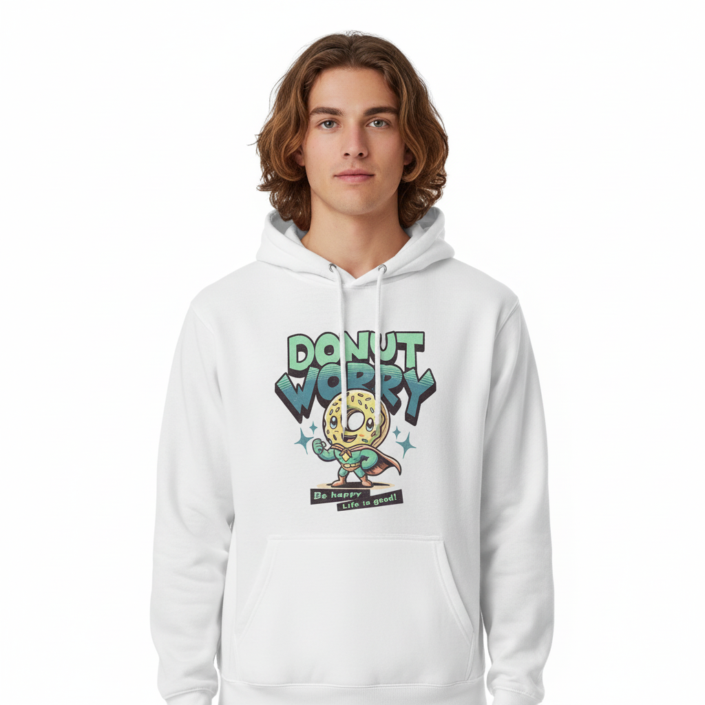 Produktbild av kille med långt hår i surfstil i vit hoodie