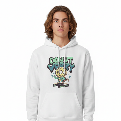 Produktbild av kille med långt hår i surfstil i vit hoodie