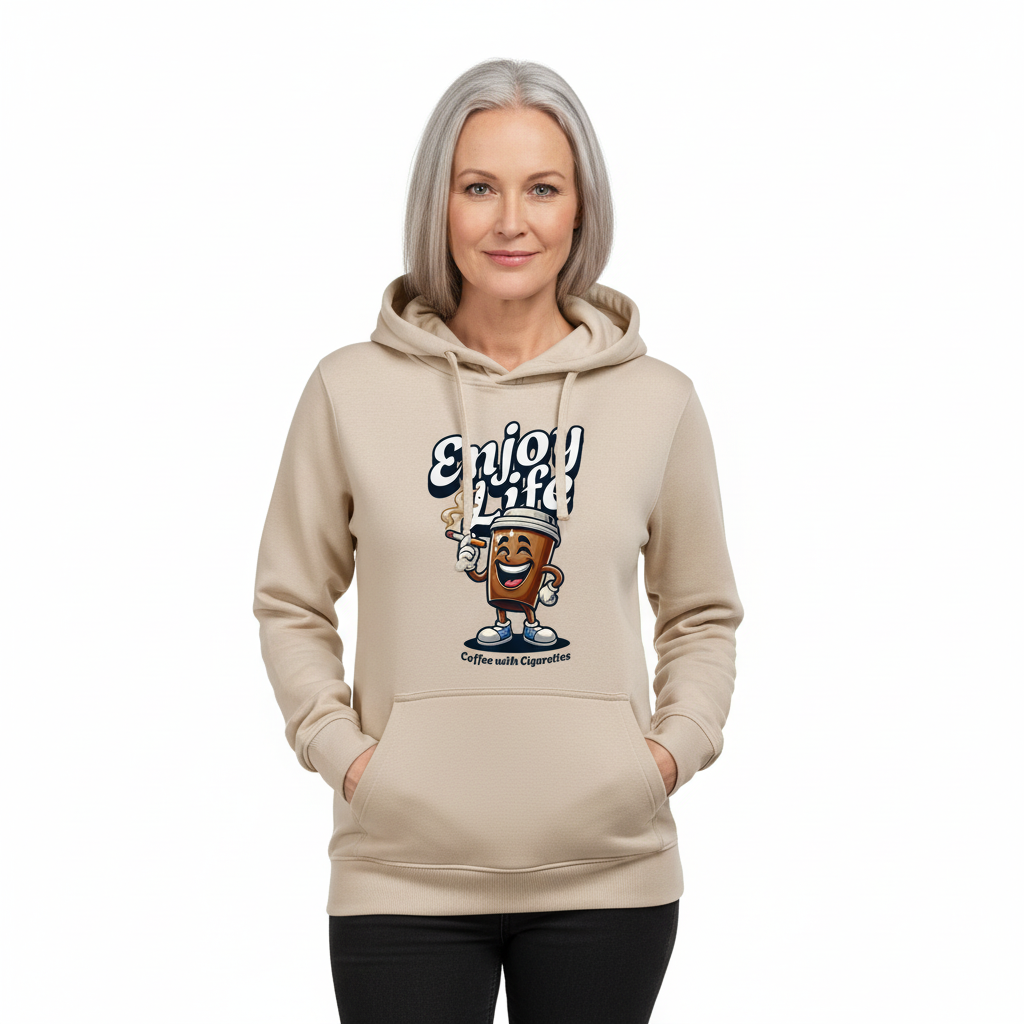 Produktbild av tjej i 50-årsåldern i beige hoodie